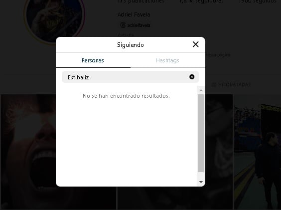Adriel Favela no sigue en Instagram a Estibaliz Badiola.