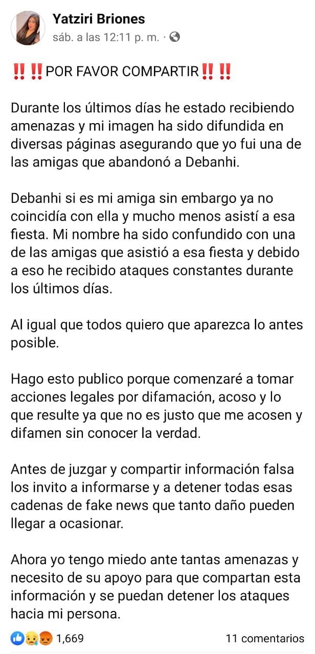 Amenazas a amiga de Debanhi