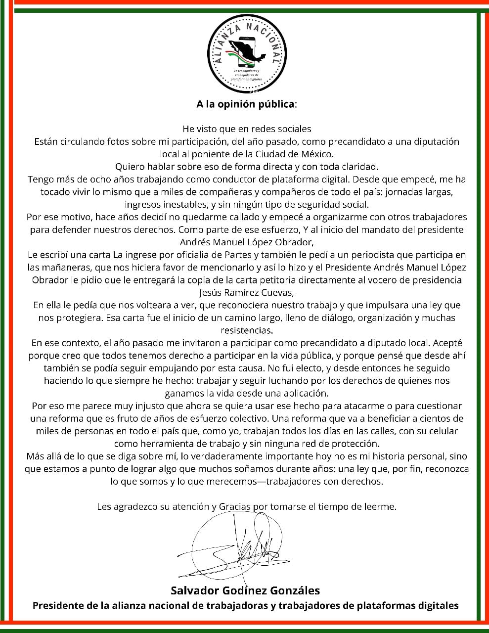 Comunicado de Salvador Godínez González