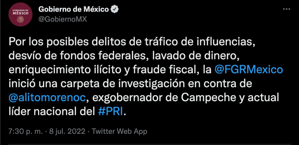 Alejandro Moreno es investigado por la FGR por lavado de dinero, tráfico de influencias y enriquecimiento ilícito