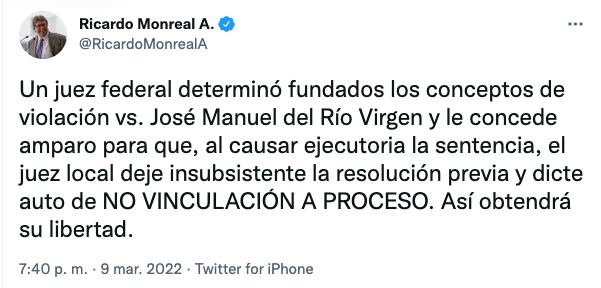 Ricardo Monreal sobre José Manuel del Río Virgen