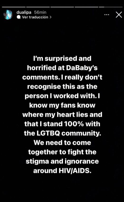 Publicación de Dua Lipa en Instagram