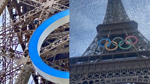 Hombre escala Torre Eiffel antes de Ceremonia de Clausura de París 2024