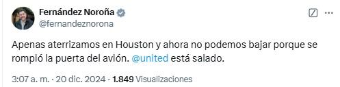 Gerardo Fernández Noroña queda atrapado en avión rumbo a Houston, Texas