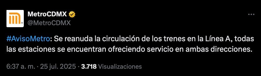 Metro CDMX reanuda operación en todas las estaciones de la Línea A en ambos sentidos