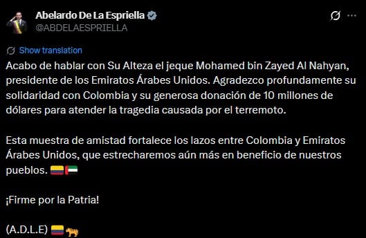 Abelardo de la Espriella agradece donación de 10 millones de dólares de Emiratos Árabes