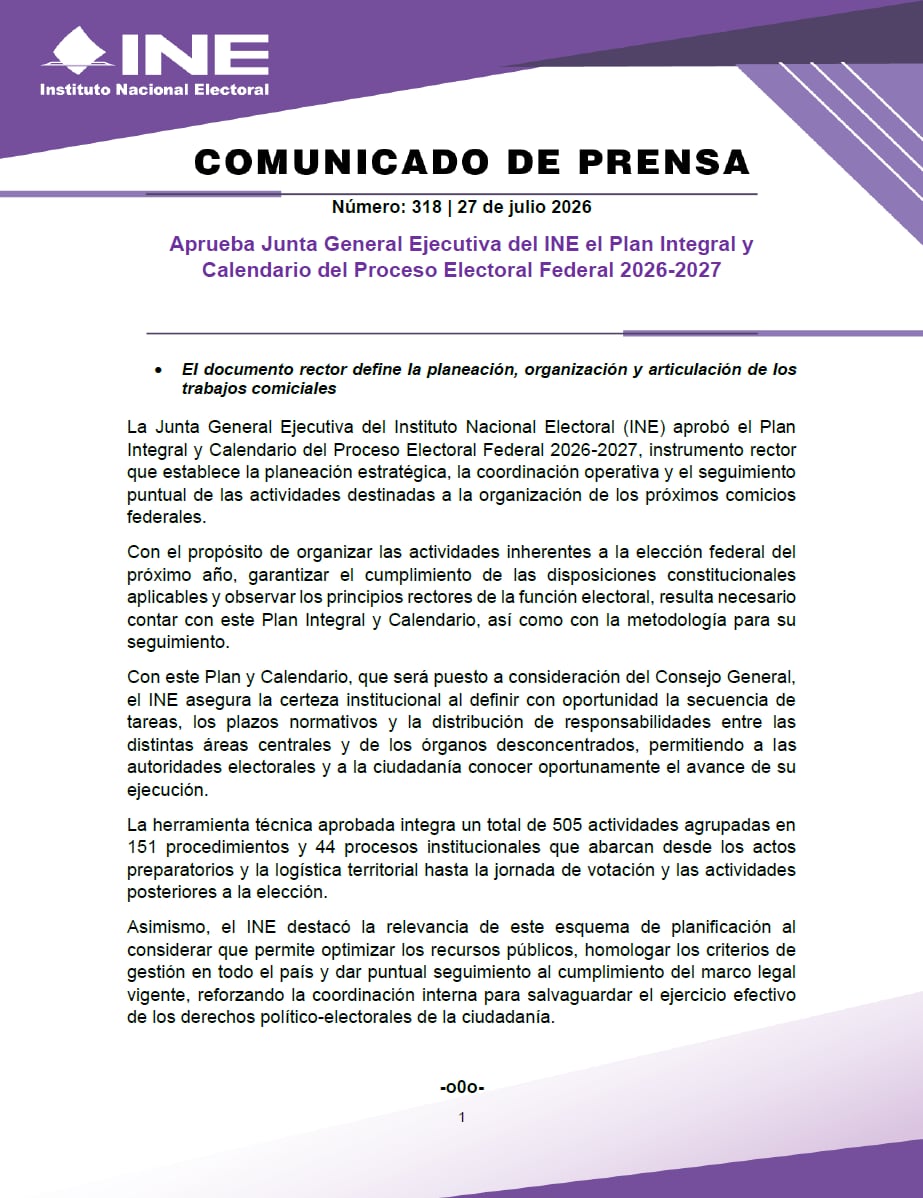 Elecciones 2027 toman forma: INE aprueba calendario del proceso electoral