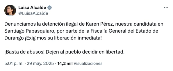 Luisa María Alcalde denuncia detención ilegal de Karen Pérez