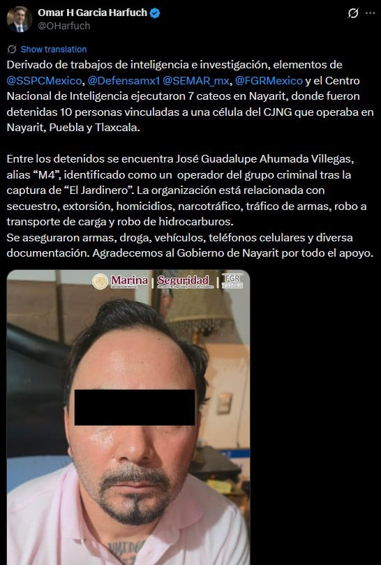 Harfuch confirma detención de José Guadalupe Ahumada Villegas ‘M4’, ligado al CJNG y ‘El Jardinero’