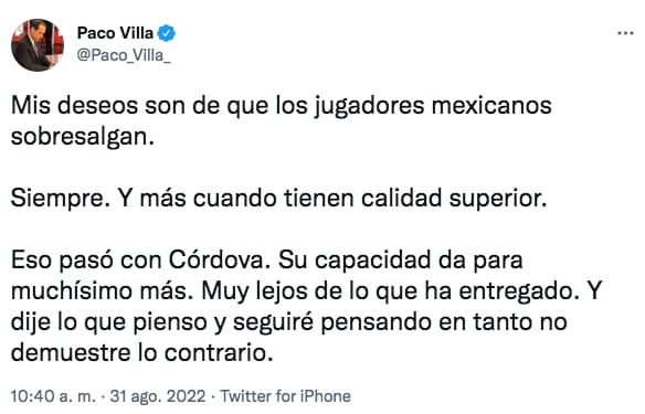 Paco Villa sobre Sebastián Córdova