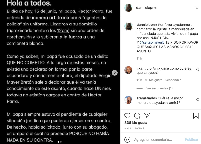 Daniela Parra defiende a su padre Héctor Parra