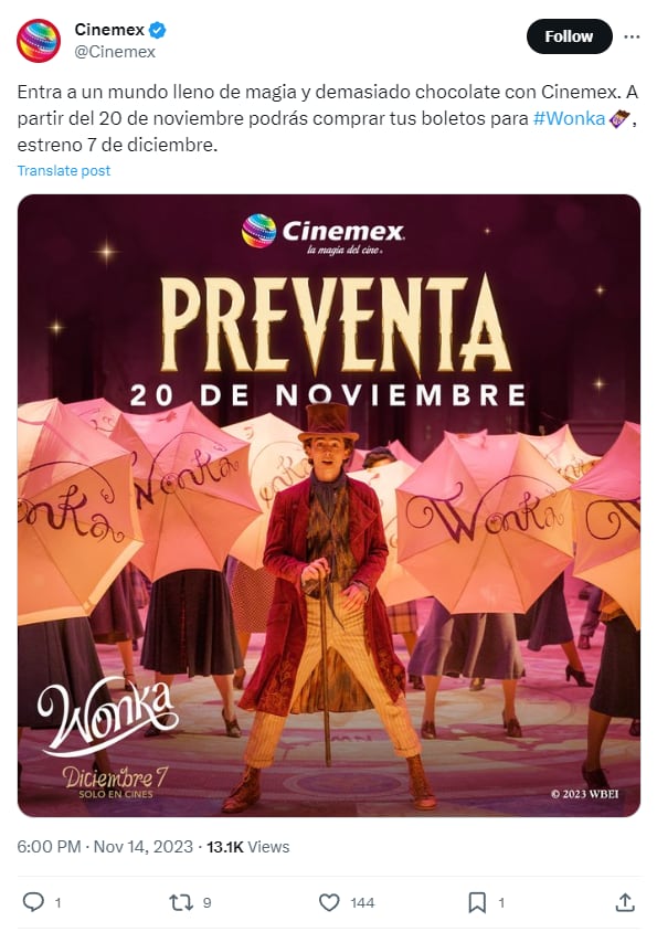 Preventa de Wonka en Cinemex