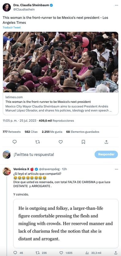 Claudia Sheinbaum comparte artículo que la critica