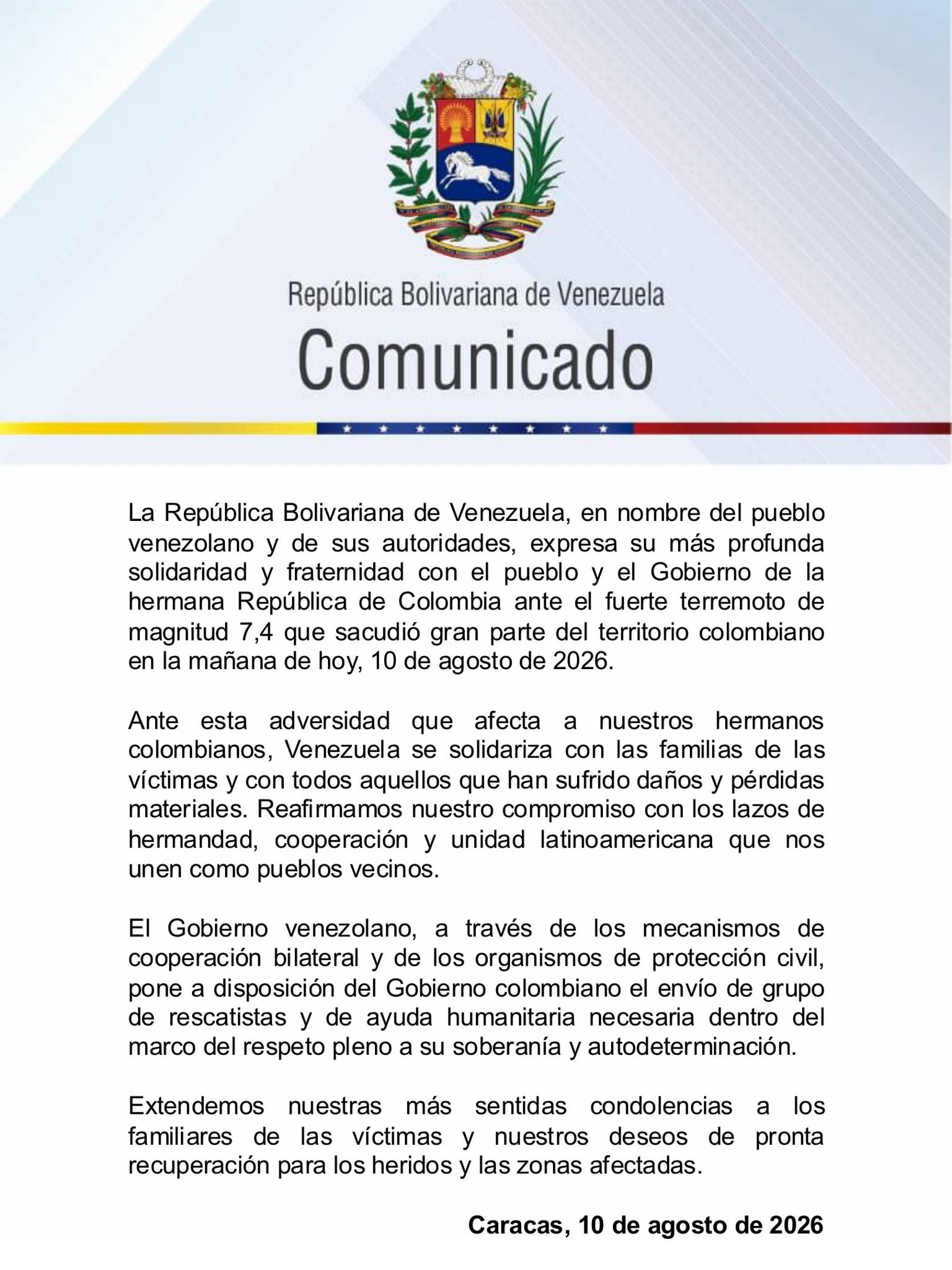 Venezuela ofrece ayuda humanitaria a Colombia tras devastador terremoto