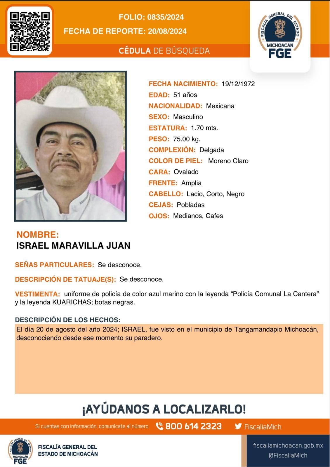 Ficha de búsqueda de policía comunal desaparecido en Tangamandapio, Michoacán