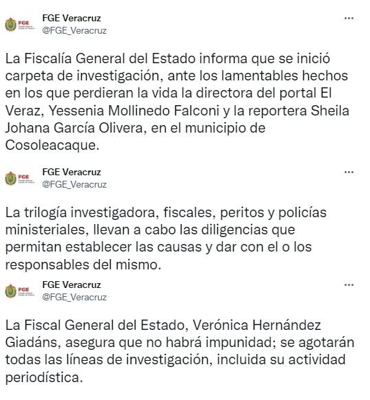 Fiscalía de Veracruz sobre asesinatos de periodistas