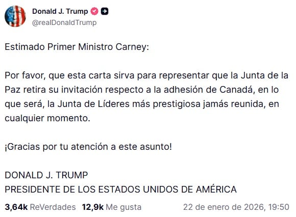 Mark Carney queda fuera de la Junta de la Paz tras decisión de Trump