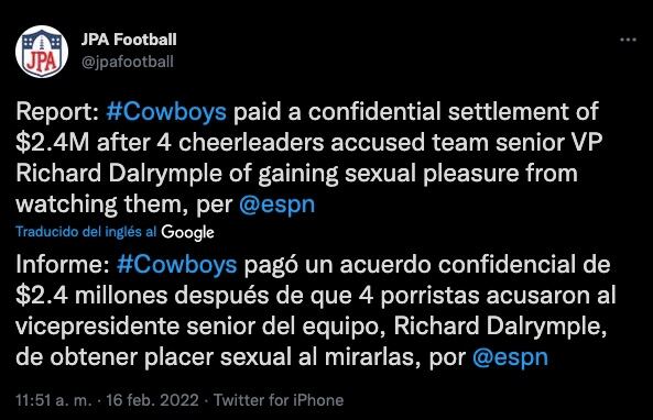 Dallas Cowboys pagaron a 4 porristas para cubrir un escándalo sexual