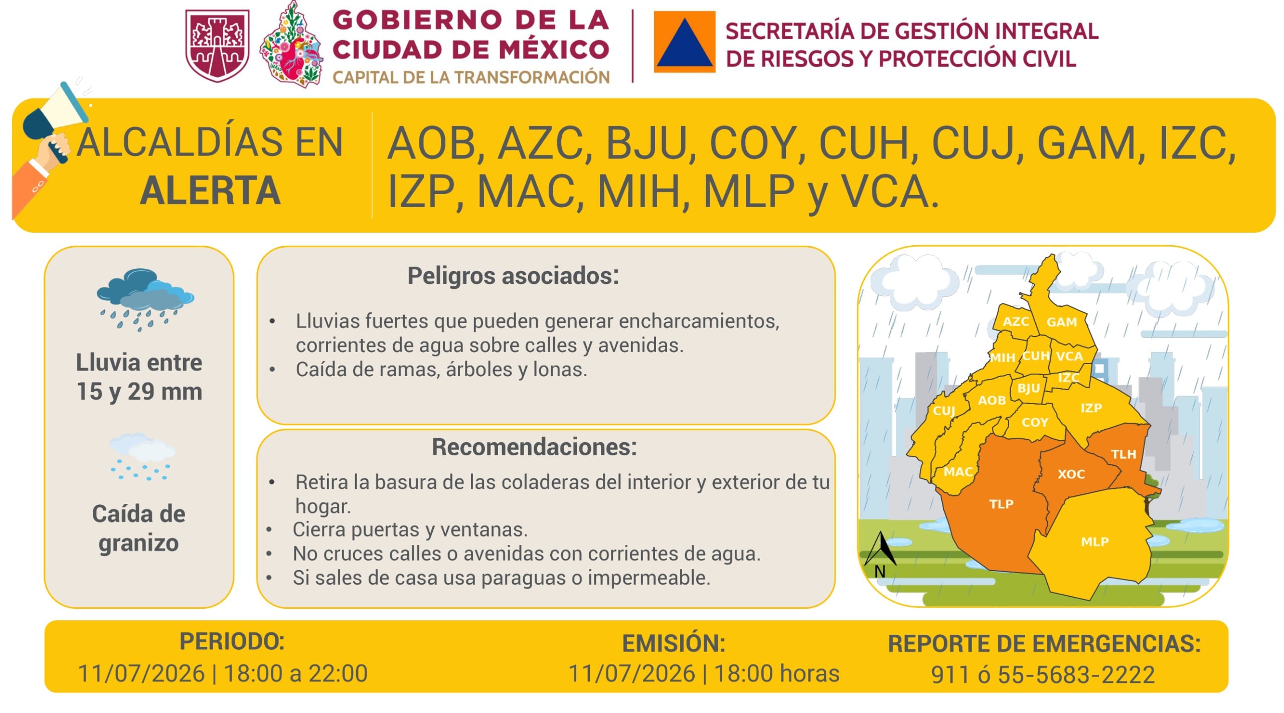 Lluvias, granizo y cielo gris activan alerta en CDMX