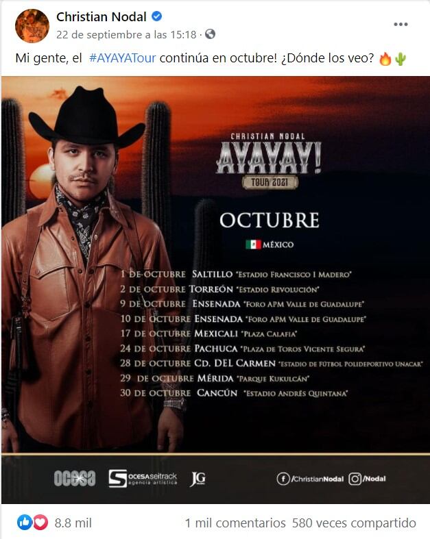 Christian Nodal anuncia conciertos en México