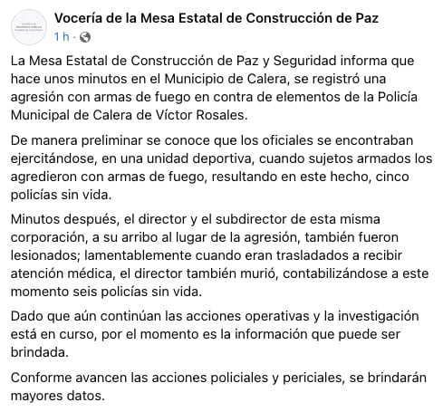 Vocería de la Mesa Estatal de Construcción de Paz y Seguridad de Zacatecas lamenta la muerte de 6 policías en Calera