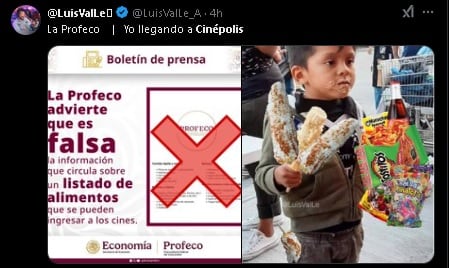 Meme sobre la lista falsa de alimentos en el cine mexicano de Profeco.