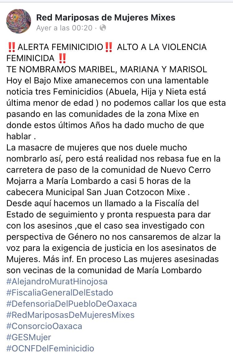 Comunicado de la colectiva Red Mariposas de Mujeres Mixes