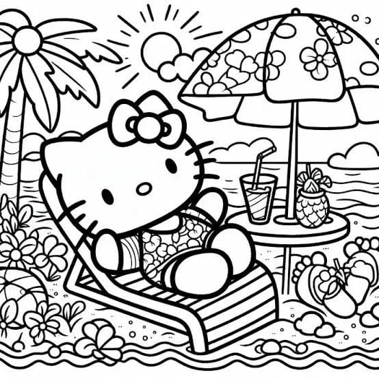 Dibujos de Hello Kitty tomando el sol de primavera para colorear