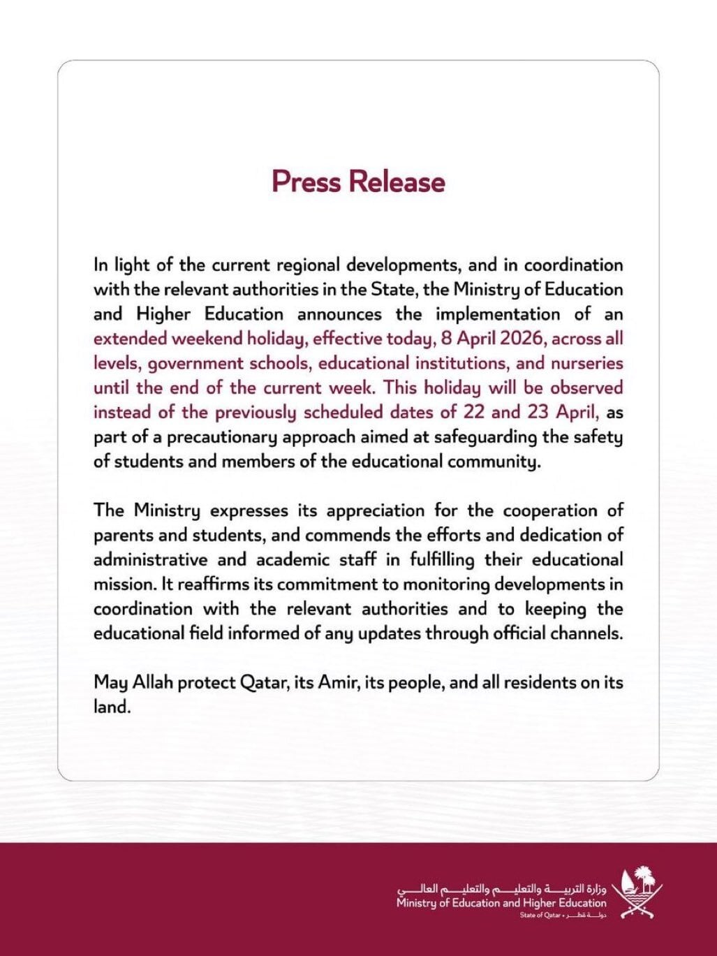 Qatar ordena cierre de escuelas por guerra en Medio Oriente