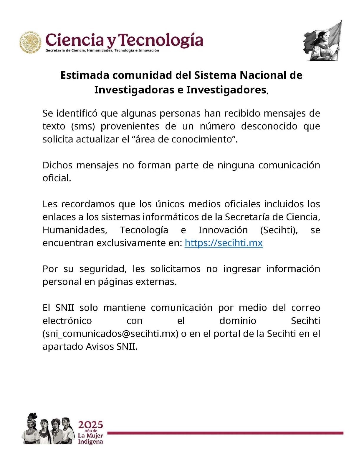 Comunicado de la Secretaría de Ciencia por mensajes fraudulentos