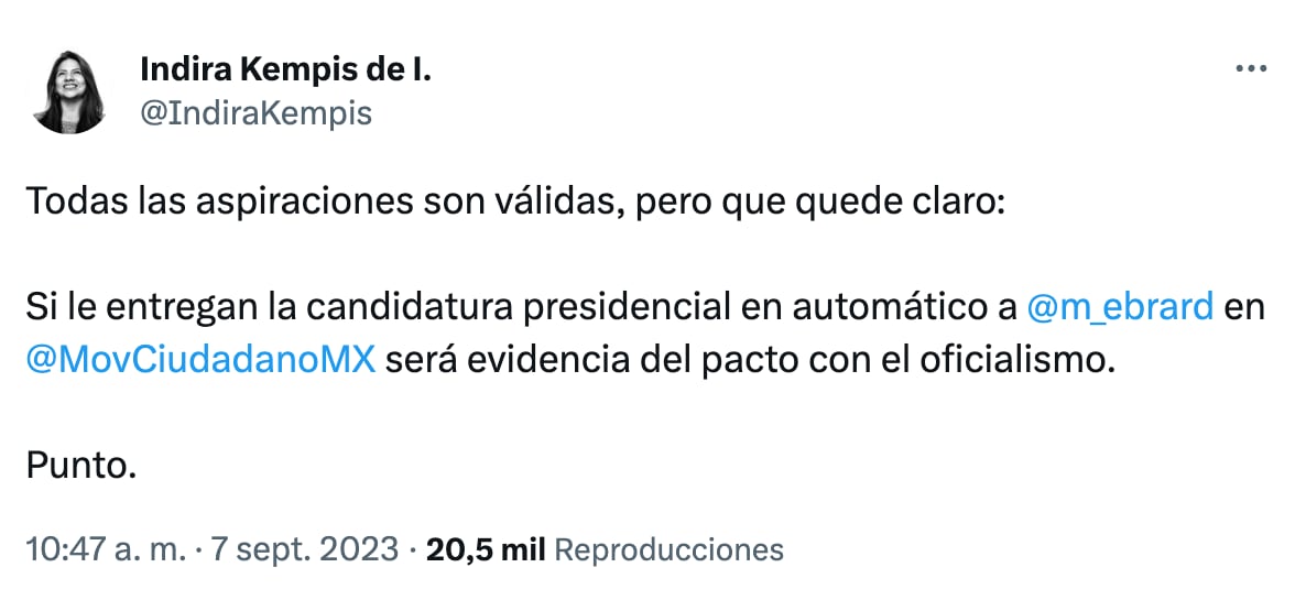 Indira Kempis no quiere que Movimiento Ciudadano le regale candidatura a Marcelo Ebrard