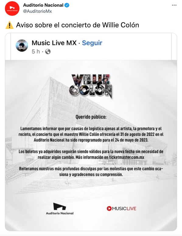 Comunicado concierto de Willie Colón en Auditorio Nacional