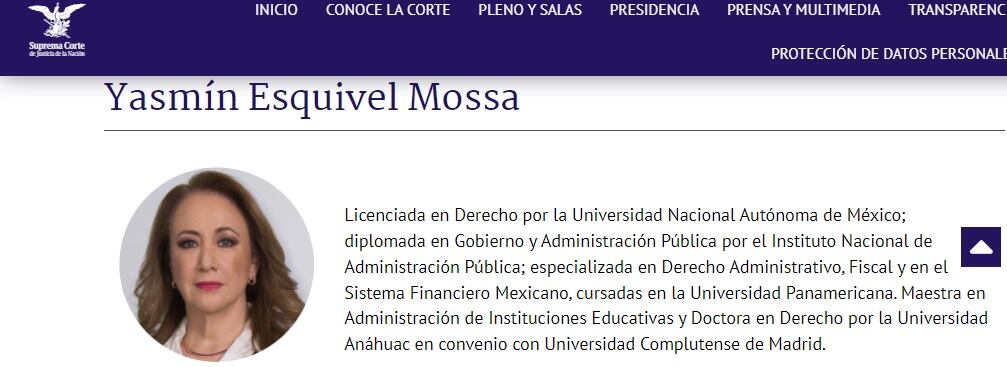 Currículum de Yasmín Esquivel en sitio de la SCJN
