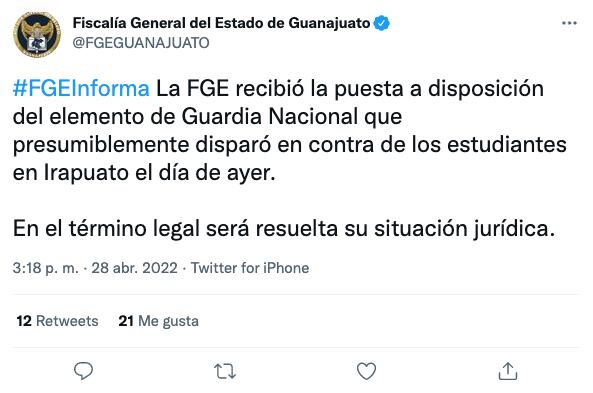 Tuit de la Fiscalía de Guanajuato