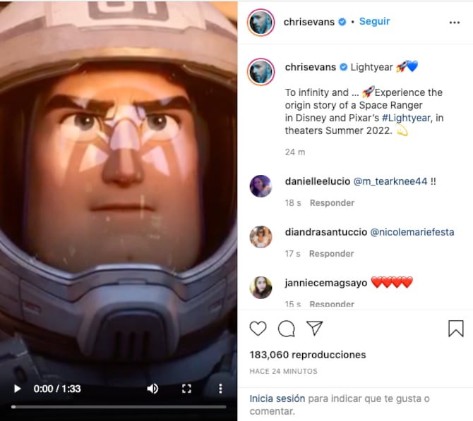 Chris Evans publica tráiler 'Lightyear'