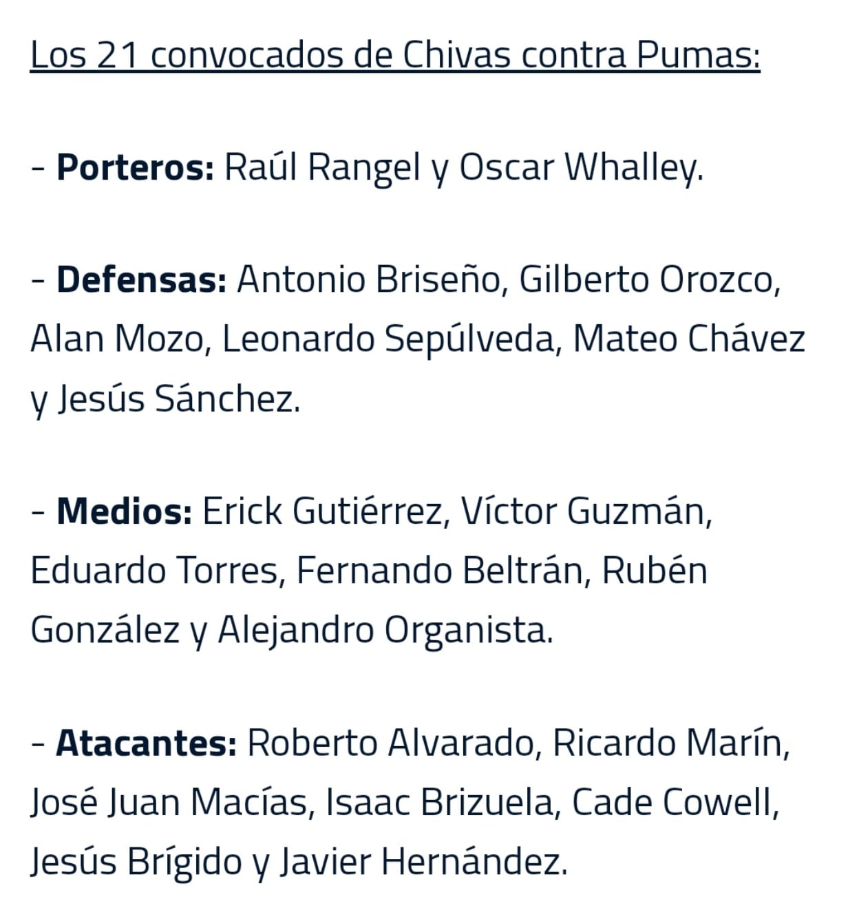 Convocatoria de Chivas