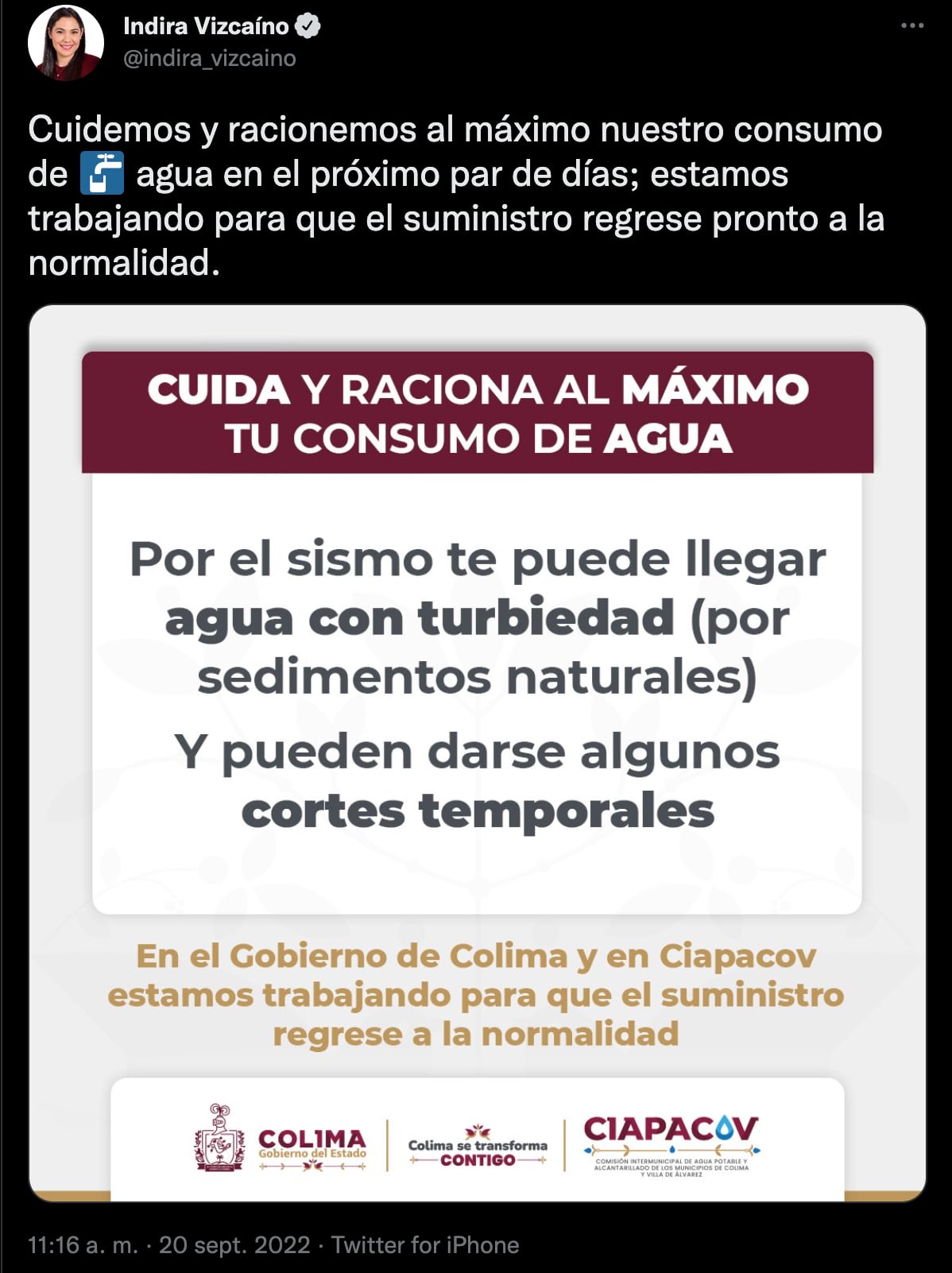 Indira Vizcaíno pide a la población racionar y cuidar el agua ante escasez tras sismo