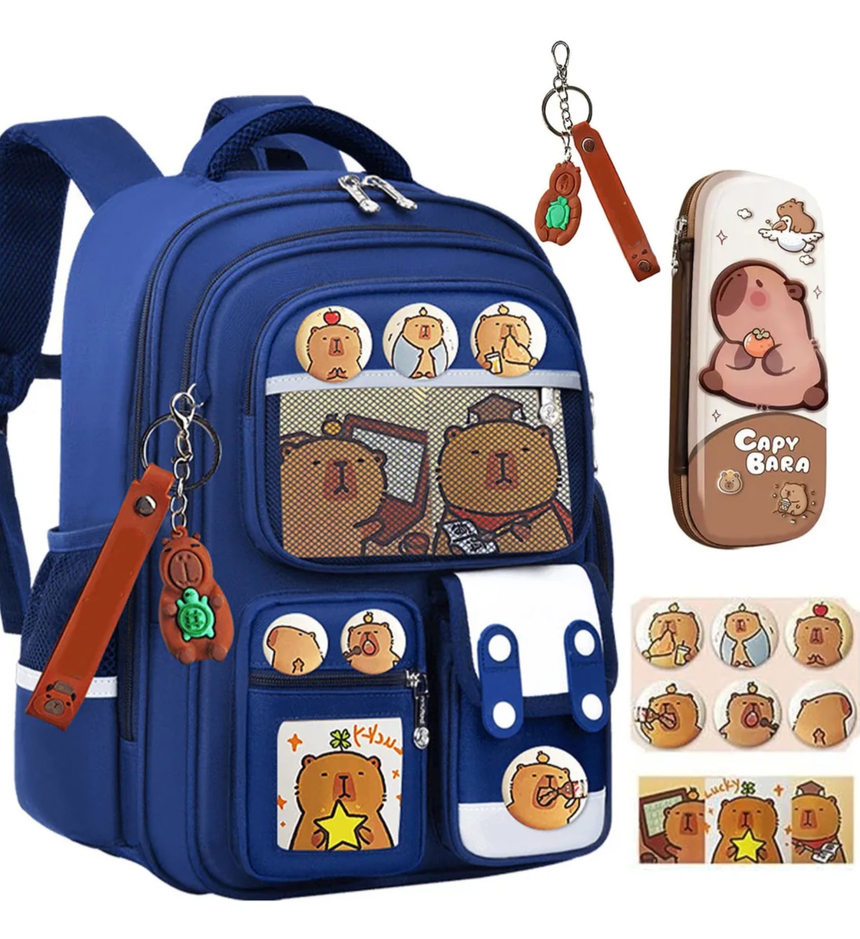 Mochila Capibara, Mochila Escolares Kawaii Para Jóvenes Y Niños Color Azul Diseño De La Tela