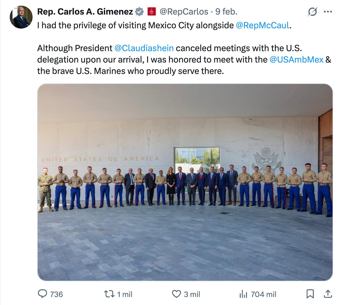 El Congresista Carlos A. Gimenez acusa a Claudia Sheinbaum de cancelar reunión con legisladores estadounidenses