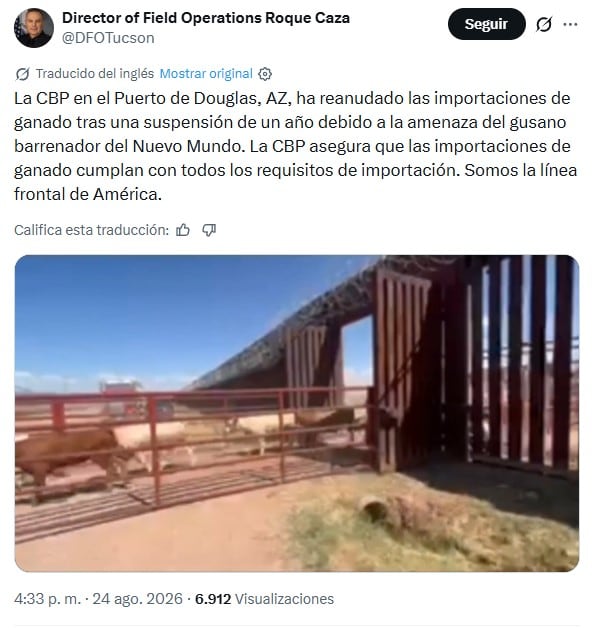 Estados Unidos reabre Douglas, Arizona, al ganado mexicano tras 14 meses de suspensión