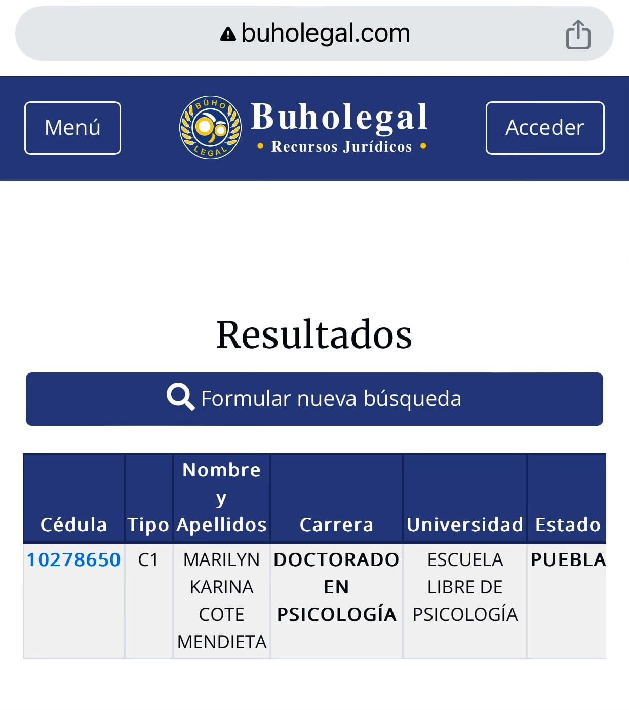 Cédula profesional de Marilyn Cote