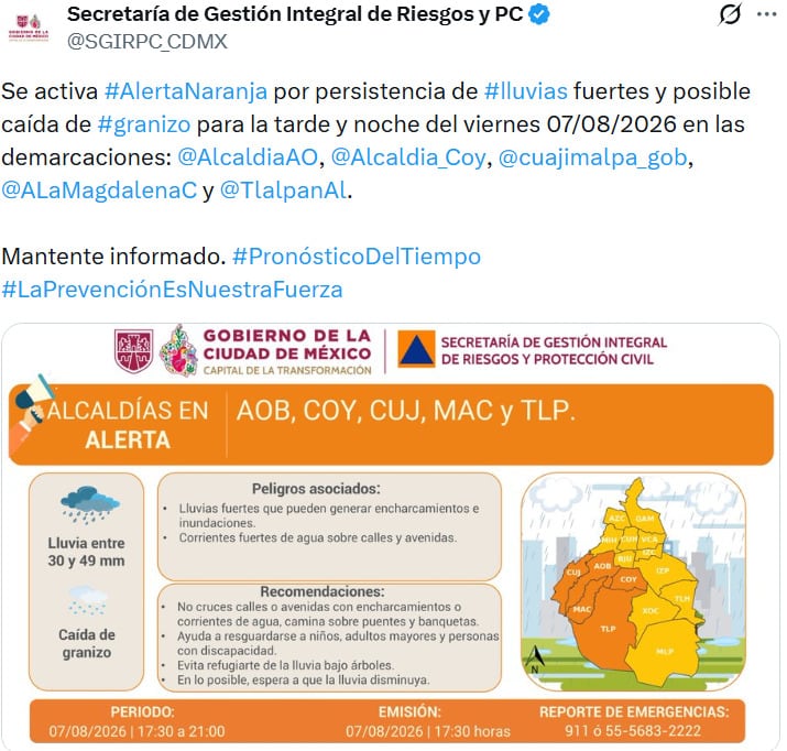 Se activa Alerta Naranja en cinco alcaldías