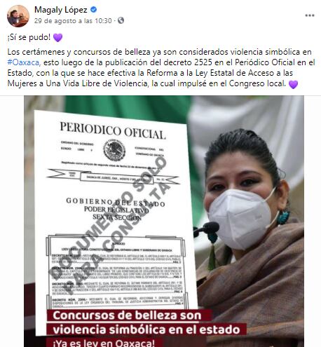 Magaly López Domínguez celebra prohibición de certámenes de belleza en Oaxaca.