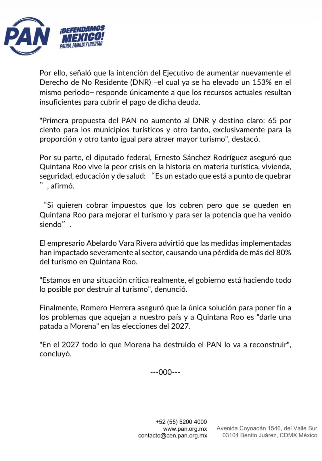 PAN votará contra el alza de 60% al DNR en 2027 por su impacto en el turismo