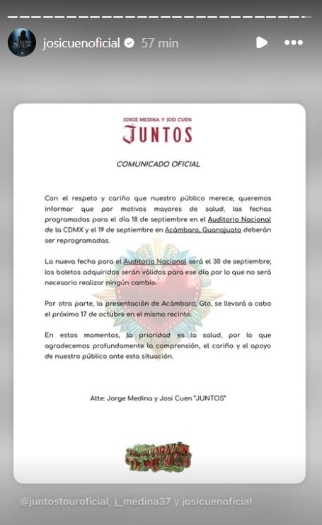 Jorge Médina y Josi Cuén cancelan segunda fecha