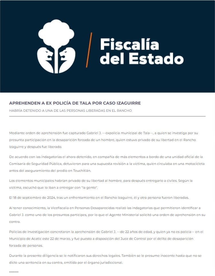 Detienen a ex policía de Tala por caso ligado al Rancho Izaguirre del CJGN