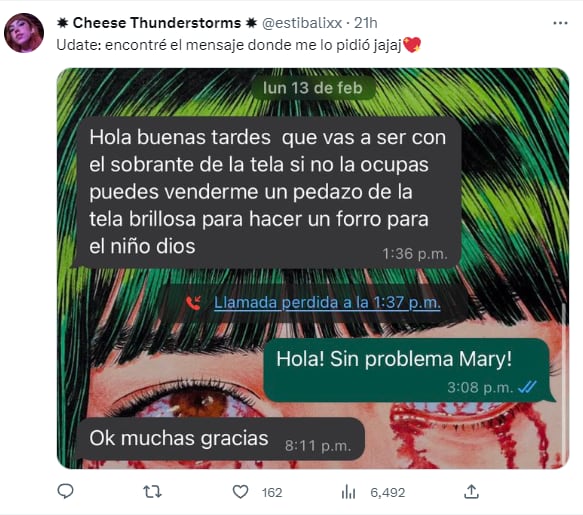 Chat de costurera pidiendo tela para hacer vestido a niño Dios