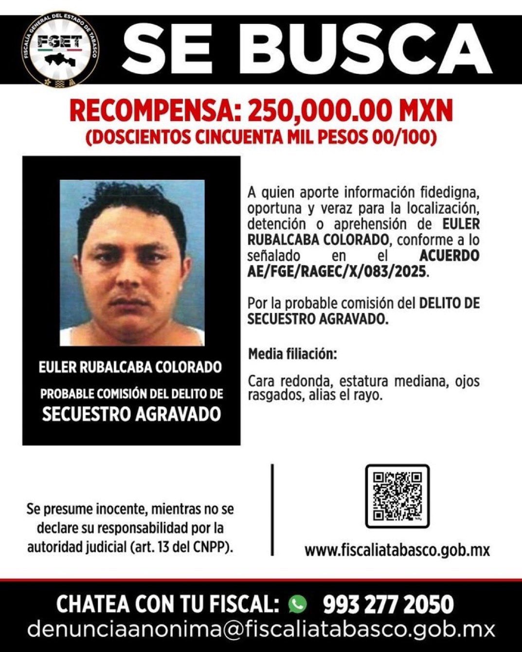 Euler Rubalcaba: Fiscalía de Tabasco ofrece 250 mil pesos