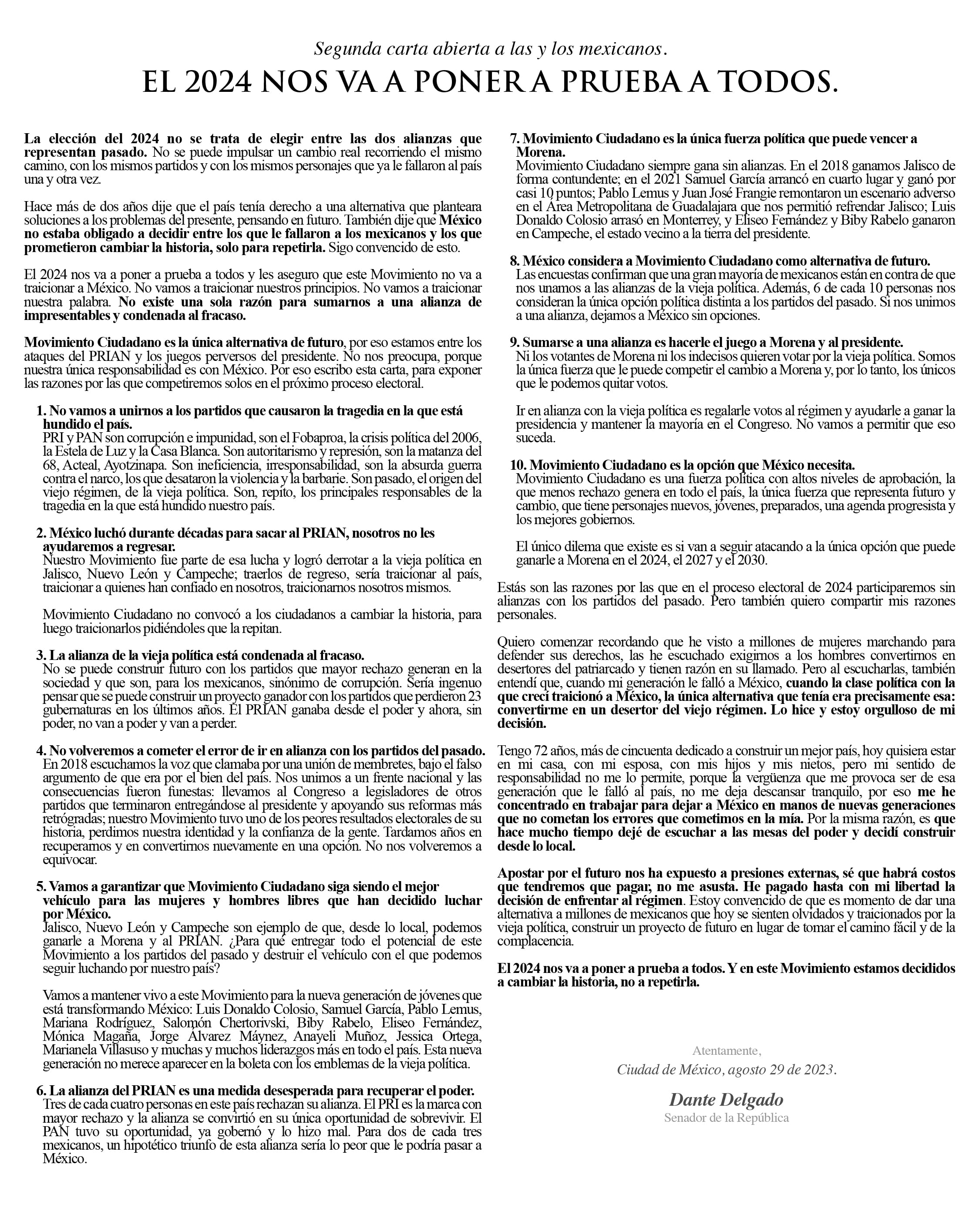 Dante Delgado envía carta para negar alianza con PRIAN