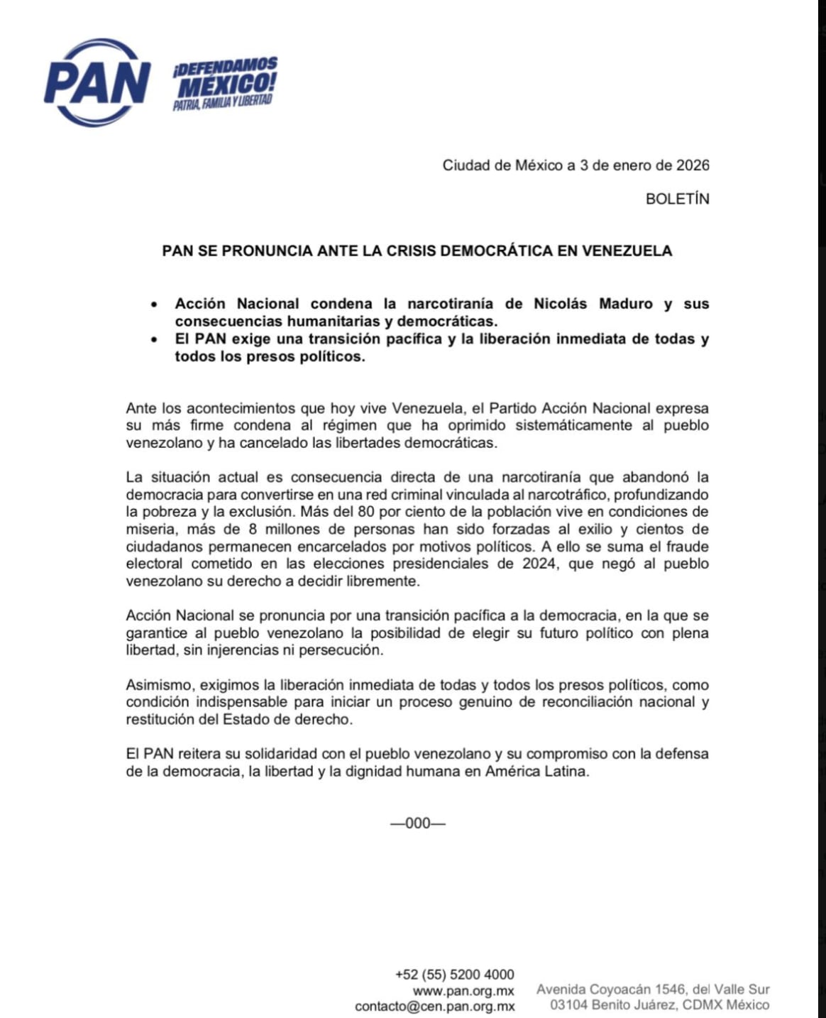 PAN emite comunicado sobre intervención de Estados Unidos en Venezuela